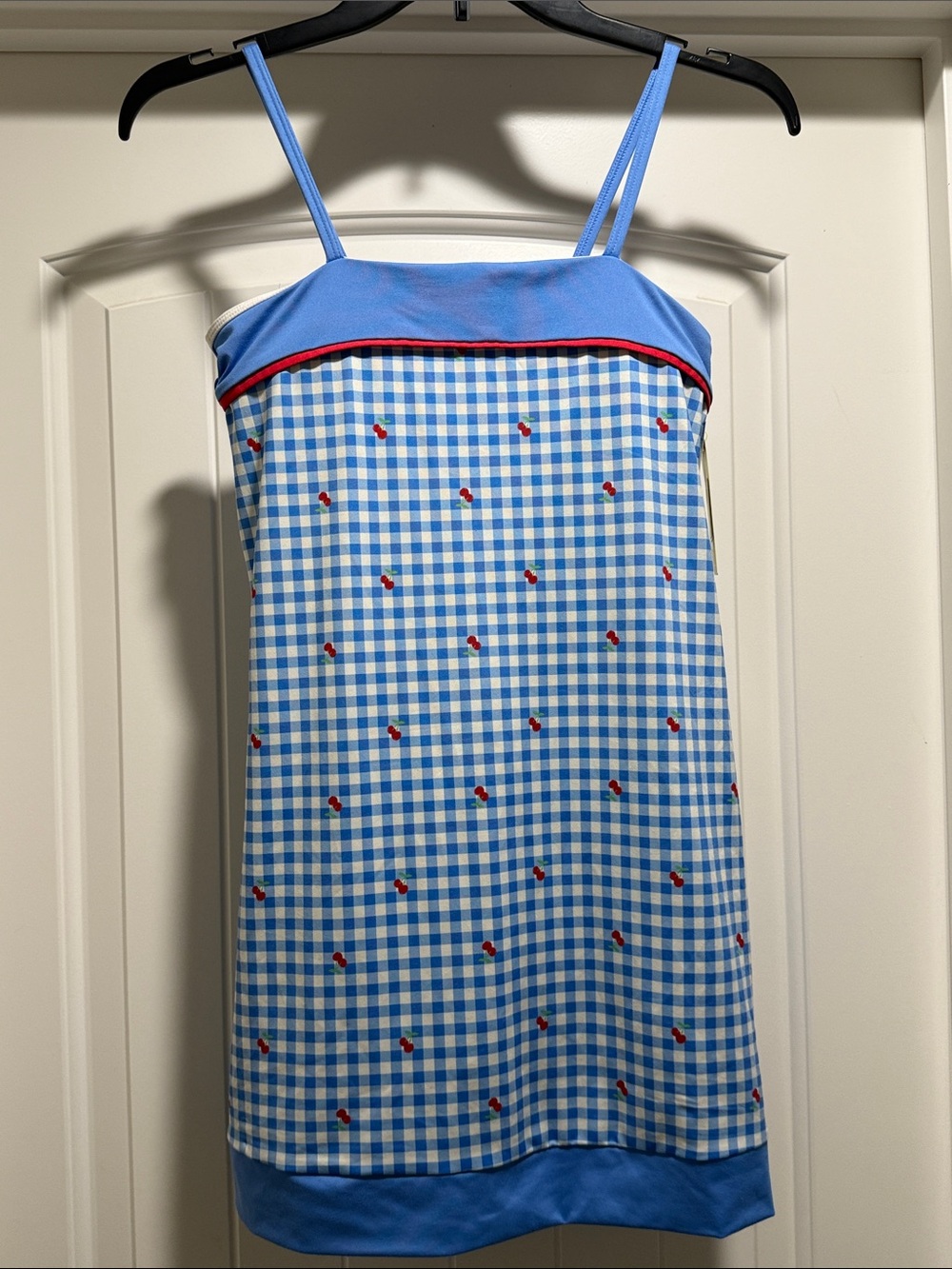 Blue Gingham Spaghetti-Strap Kids Active Dress with built in Liner